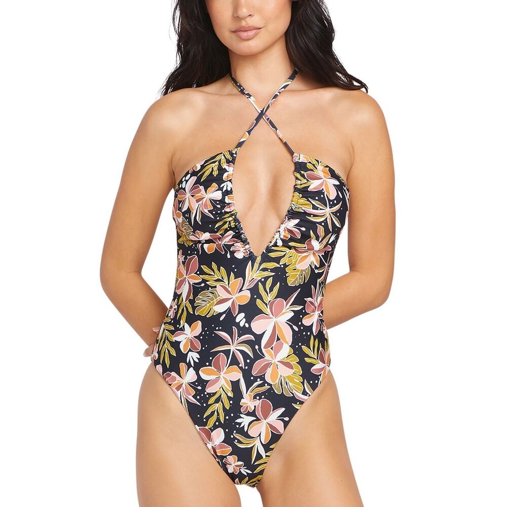 Volcom Juniors' Fronds Forever Printed Halter One-Piece Swimsuit Size S 2072